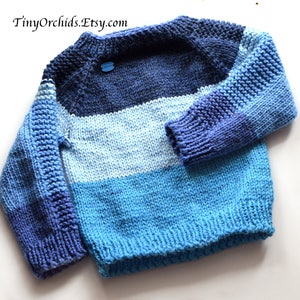 Blue clothing set for 12-18 months, sweater, hat and scarf set, indigo, light blue and teal shades, wool and acrylic, Ready to ship image 1