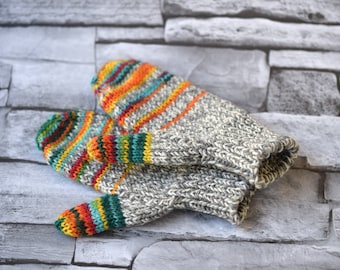 Wool toddler gloves, childrens' mittens in rainbow-grey stripes,  hand knitted kid mittens with string, winter mitts for boys and girls