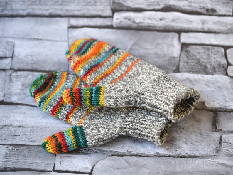 Wool Toddler Gloves, Childrens' Mittens in Rainbowgrey Stripes, Hand