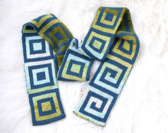 Double knit winter wool scarf in dark teal and green blue, merino wool hand knit scarf with geometric patterning, Ready to ship