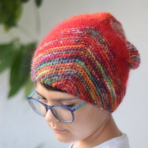 Slouchy beanie hat hand knitted in fluffy wool-mohair, red/rainbow striped slouchy beanie hat, exclusive unique gift idea, winter knit hat