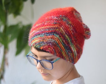 Hand Knitted Wool-Mohair Slouchy Beanie: Red Rainbow Striped Winter Hat