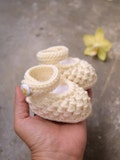 Off white baby booties, christening booties, soft merino wool handknit shoes, handmade with flowers buttons, formal occasion product logo
