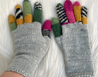 Thin wool gloves with colorful fingers: Women Xs, S