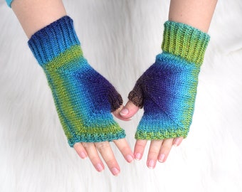 Blue and green fingerless mittens for teen and women S-M, mismatched wool fingerless mittens, unique wearable art, autumn wristwarmers