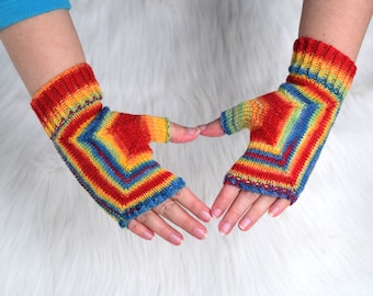 Rainbow fingerless mittens for teen and women S-M, wool mix arm warmers, thin wrist warmers