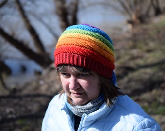 Red and rainbow ribbed hat, hand knit wool hat, one size for kids, teen or women, double brim beanie, ready to ship