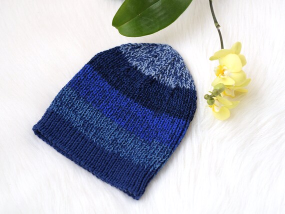 Hand Knit Wool Beanie: Ribbed Blue Striped Hat - Etsy display picture 1