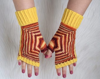 Handpainted Merino Wool Fingerless Mittens: Yellow Brown Knit Arm Warmers