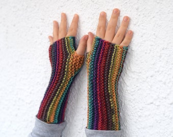 Wool Fingerless Mittens: Dark Rainbow Striped Knit Arm Warmers