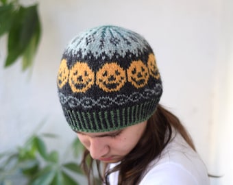 Black alpaca hat with pumpkins and geometric shapes for Halloween, hand knit colorwork beanie for kids, teen or women S, ready to ship