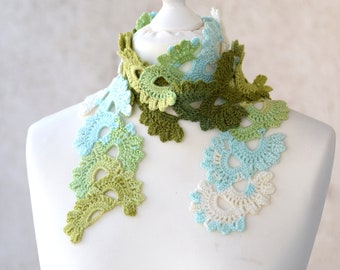 Crocheted scarf in green and blue, bohemian scarf for dress-up, Ready to ship