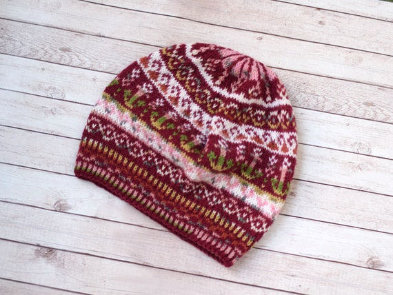 Hand Knit Wool Colorwork Hat: Burgundy Nautical Beanie - Etsy display picture 3