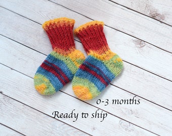 Rainbow baby socks, rainbow striped newborn socks, stay-on, thin wool baby booties ready to ship size 0-3 months, Other sizes made to order