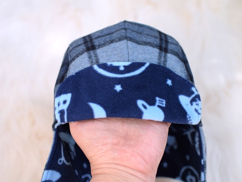 Blue aviator hat, winter hat with earflaps, plaid hat, ufo print lining, newborn to adult sizes trapper hat, Made to order image 5