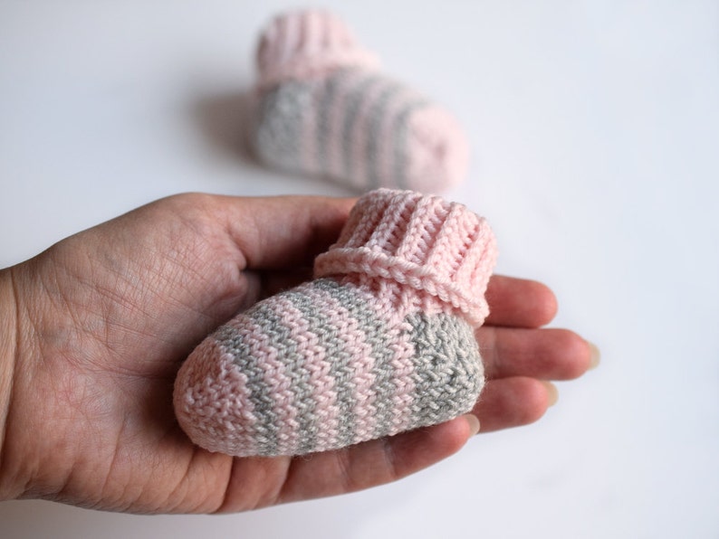 hand knit wool socks 3-6 month pink and gray merino wool baby booties Striped baby socks 6-12 month newborn