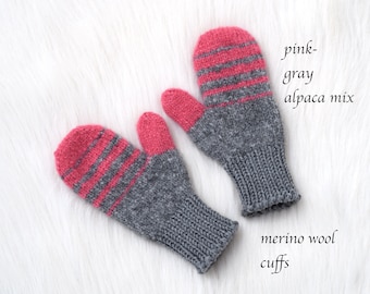 Alpaca mix toddler gloves, childrens' mittens in pink-gray stripes, hand knit kid mittens with wool cuffs, winter mitts, more colors