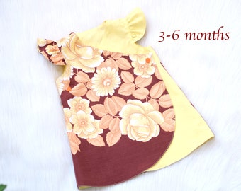 Autumn reversible dress with flowers and leaves, infant dress w flutter sleeves, cotton tunic dress, size 3-6 months ready to ship