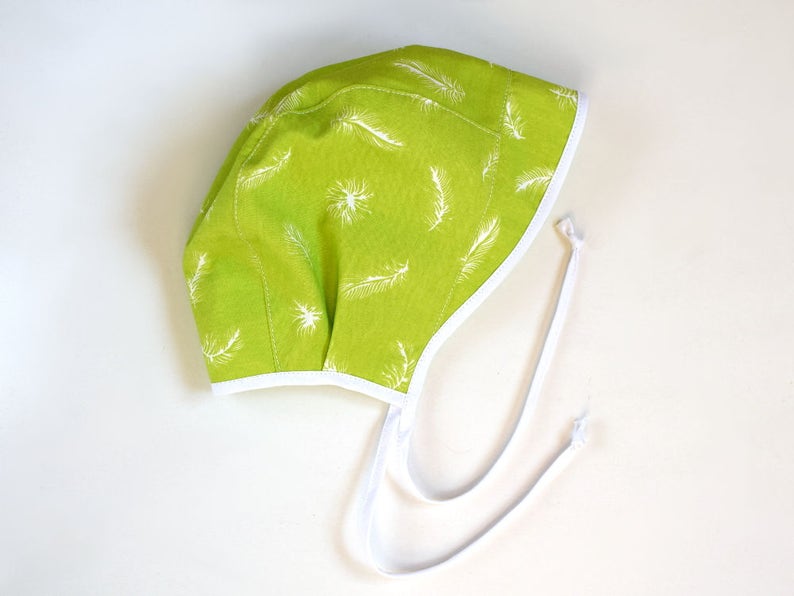 sun bonnet newborn to toddler sizes made to order Green baby sun hat with feathers summer hat baby bonnet 12-18 months ready