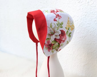 Reversible summer hat with red and yellow flowers, sizes newborn to 5T, more color options available