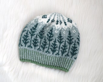 Hand Knit Alpaca Beanie: Green Trees, Northern Lights Colorwork
