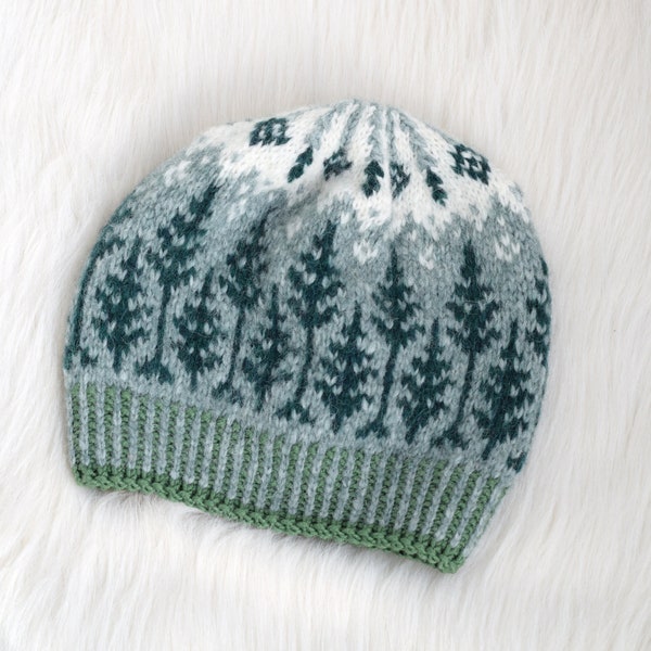 Green alpaca hat with trees and northern lights, hand knit colorwork slouchy beanie for kids, teen or women