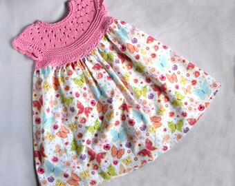 Girls dress with butterflies and crochet bodice, A-line infant dress, cotton dress, size 2-4 years ready to ship