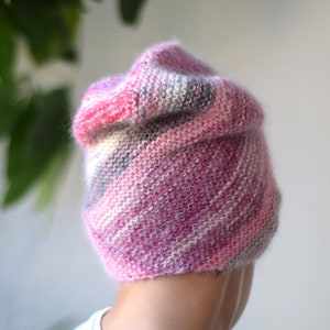 Slouchy ribbed hat in pastel colored wool, hand knit striped beanie hat, unique fluffy hat in pink and gray shades image 3
