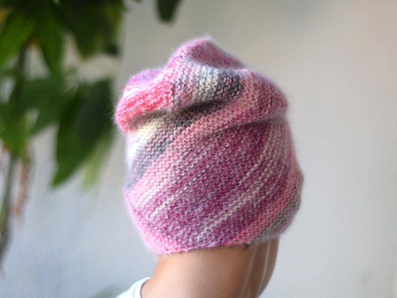 Slouchy ribbed hat in pastel colored wool, hand knit striped beanie hat, unique fluffy hat in pink and gray shades image 3