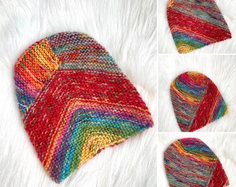 Slouchy ribbed hat in rainbow wool and mohair, hand knit striped beanie hat, unique fluffy hat for 3-5 years old child