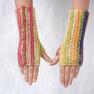 Fingerless mittens for kids in pink, yellow and blue stripes, wool fingerless mittens, autumn wristwarmers for children or adults image 4