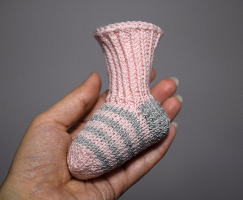hand knit wool socks 3-6 month pink and gray merino wool baby booties Striped baby socks 6-12 month newborn