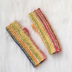 Fingerless mittens for kids in pink, yellow and blue stripes, wool fingerless mittens, autumn wristwarmers for children or adults image 7