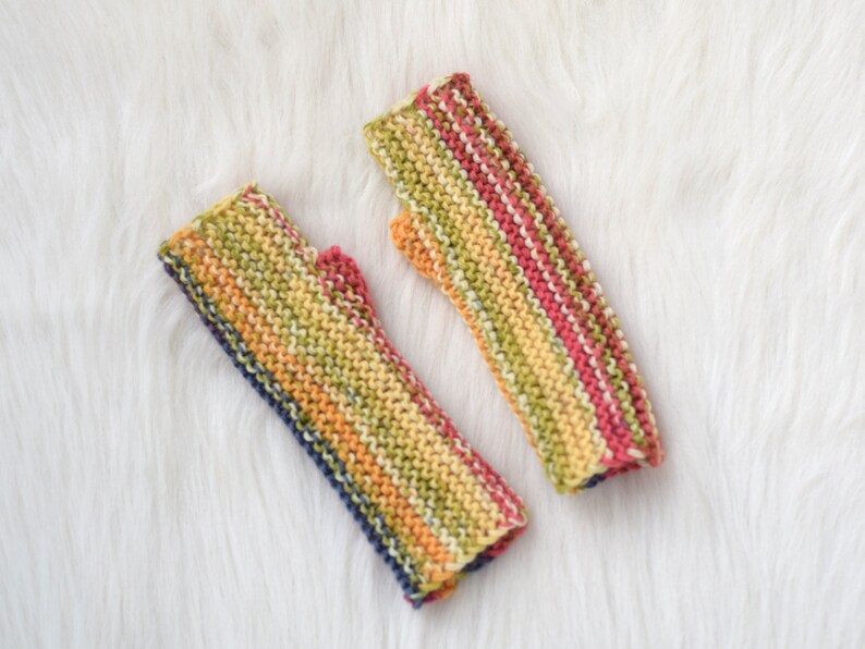 Fingerless mittens for kids in pink, yellow and blue stripes, wool fingerless mittens, autumn wristwarmers for children or adults image 7