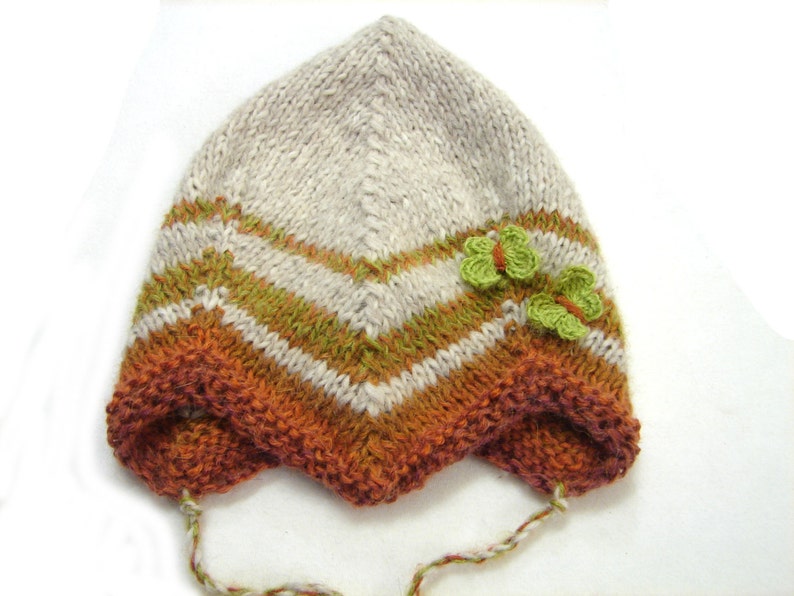 Ready to ship Beige baby fairy hat with brown stripes and green butterflies size 1 year to 3 years