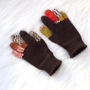 Kids' merino wool gloves, brown gloves with colored fingers, 100% wool gloves, size 3-5 years ready to ship, more colors available image 6