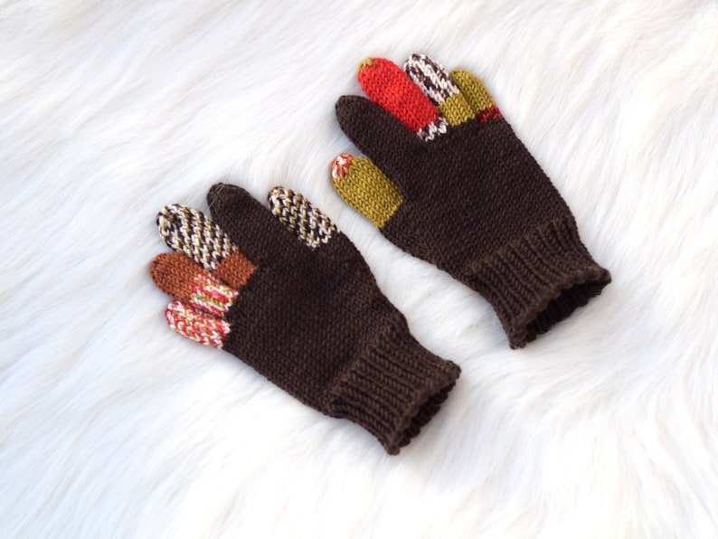 Kids' merino wool gloves, brown gloves with colored fingers, 100% wool gloves, size 3-5 years ready to ship, more colors available image 6