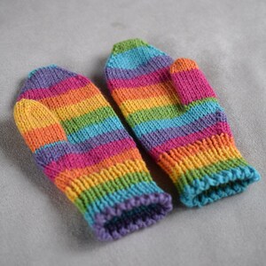 Hand knit toddler gloves, childrens mittens in rainbow, wool kids mittens, mittens with string, medium thick winter mitts image 3