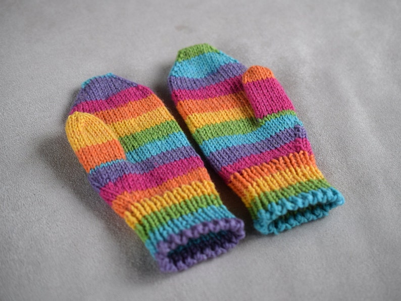 Hand knit toddler gloves, childrens mittens in rainbow, wool kids mittens, mittens with string, medium thick winter mitts image 3