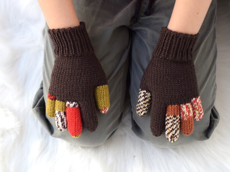 Kids' merino wool gloves, brown gloves with colored fingers, 100% wool gloves, size 3-5 years ready to ship, more colors available image 8