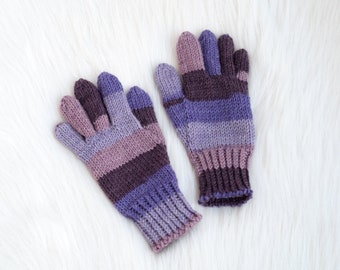 Hand Knit Wool Winter Gloves: Purple Striped Kids Size 3-5