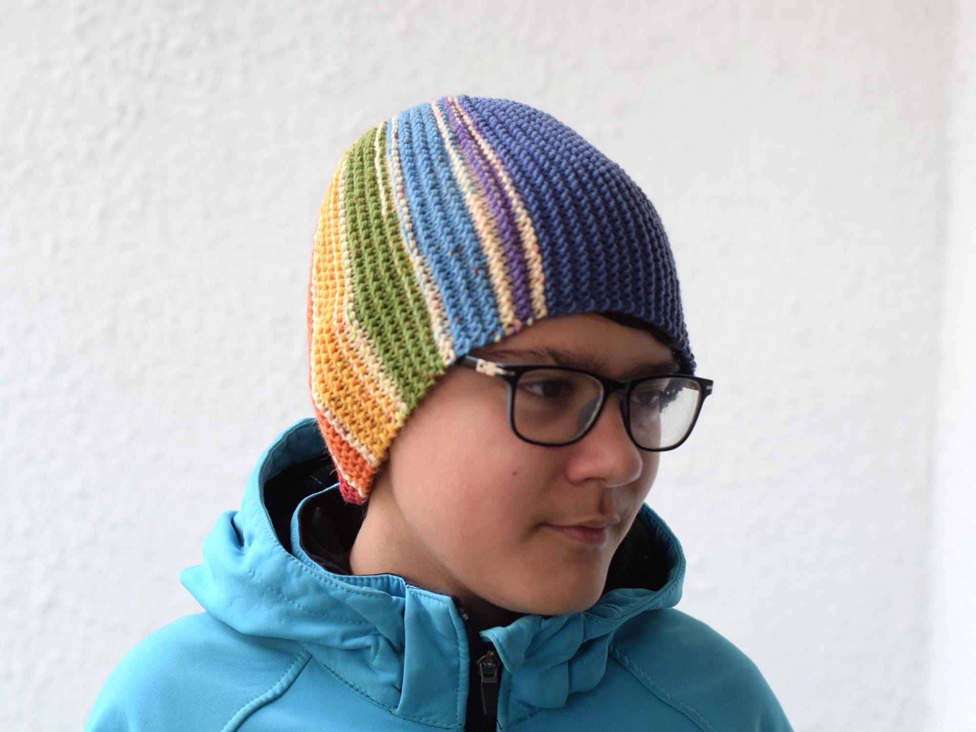 Hand Knit Wool Beanie: Blue With Rainbow Stripes, Seamless  display picture 1
