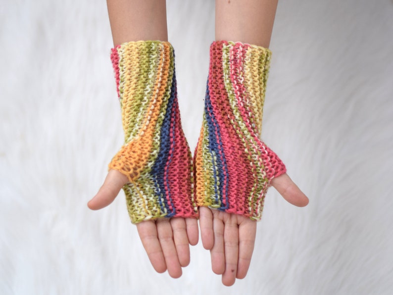 Fingerless mittens for kids in pink, yellow and blue stripes, wool fingerless mittens, autumn wristwarmers for children or adults image 5