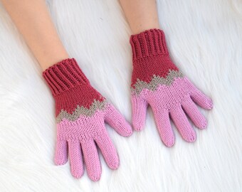 Exclusive hand knit merino wool gloves, hand knit pink and marsala gloves, winter gloves made to order, size 6-8 years ready to ship