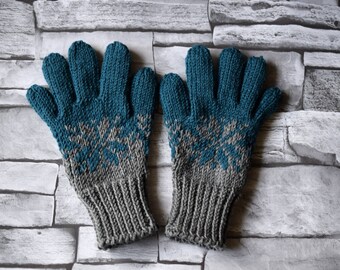 Hand knit gray and petrol blue gloves with snowflake, childrens or adult merino wool gloves, mother son glove set, winter gloves