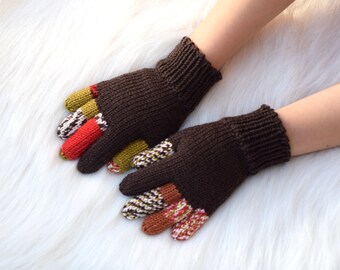 Kids' merino wool gloves, brown gloves with colored fingers, 100% wool gloves, size 3-5 years ready to ship, more colors available