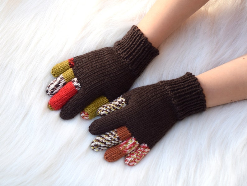 Kids' merino wool gloves, brown gloves with colored fingers, 100% wool gloves, size 3-5 years ready to ship, more colors available image 1