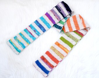 Hand Knit Wool Alpaca Scarf: Rainbow Striped Double Knit
