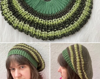 Green stripes beret hat, hand knit wool hat, one size for teen or women