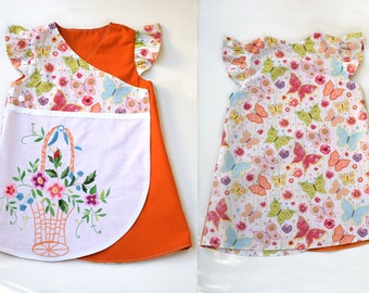 Girls reversible dress with butterflies and embroidery, wedding flower girl dress, matching bonnet available separately, size 12-18 months